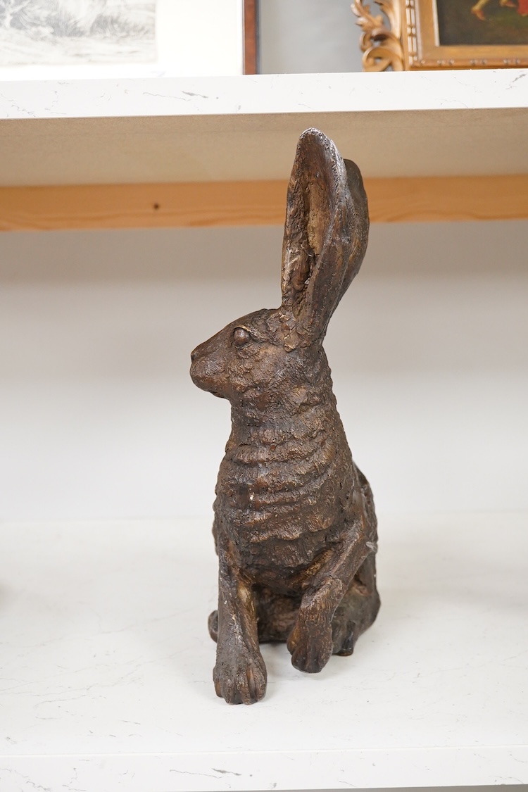 A patinated bronze figure of a hare, unsigned, 33.5cm high